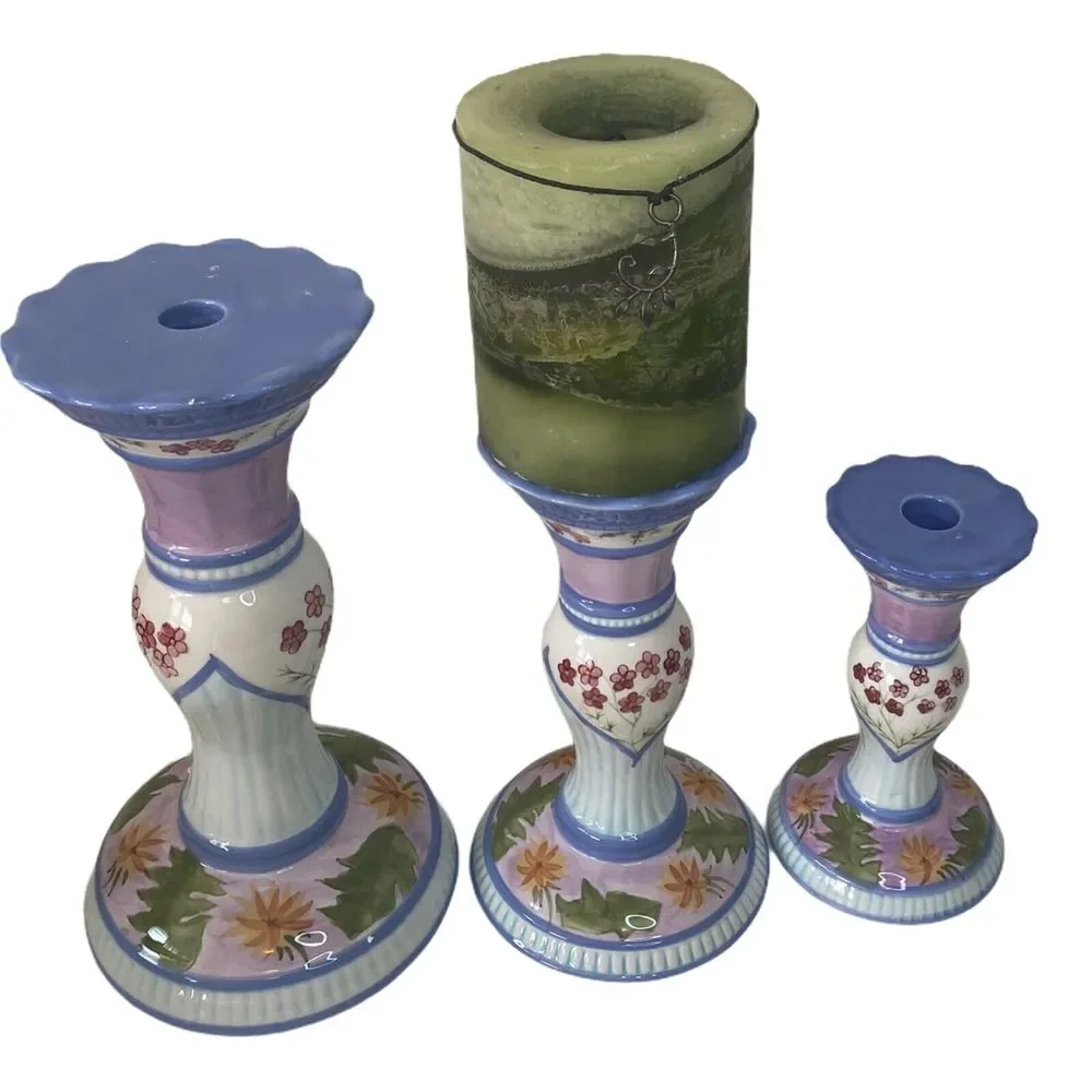 Capriware 3-Piece Pillar Candleholder Set Blue Purple Floral Hand Painted VTG